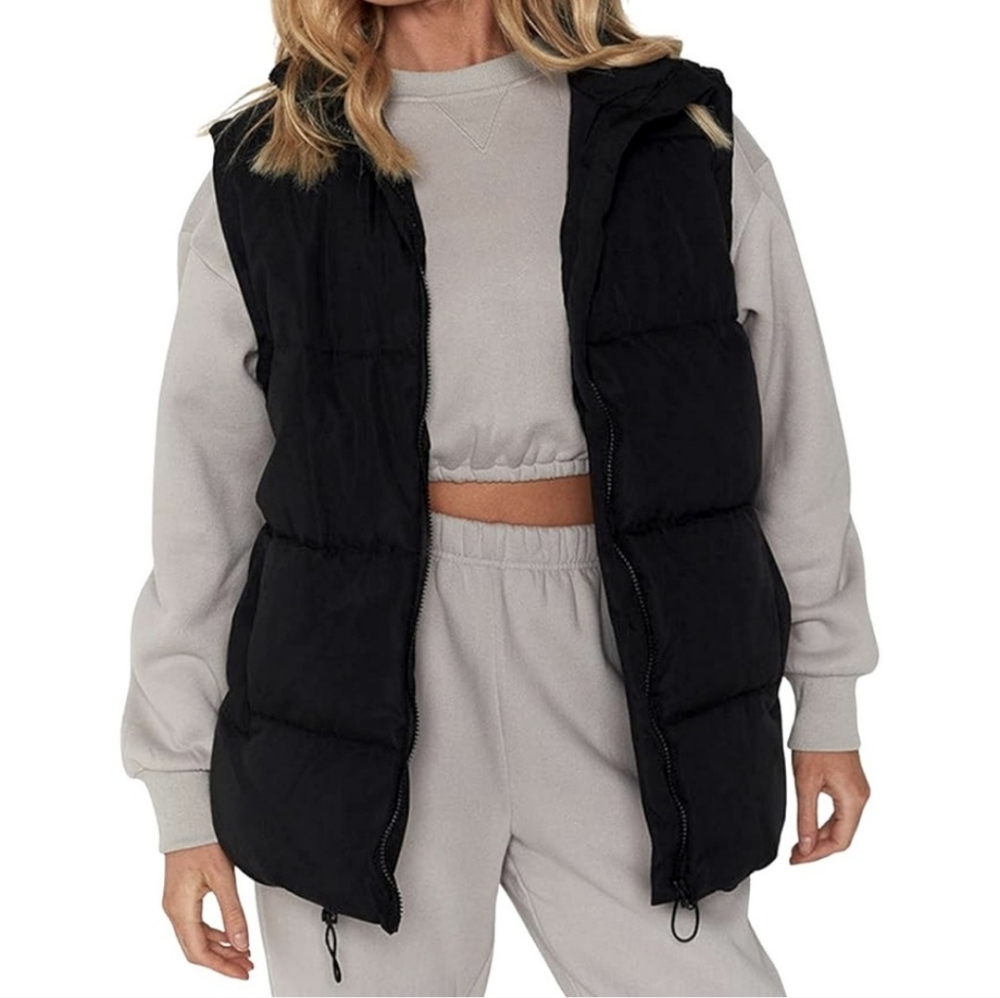 ATHLISAN Black Zip Up Puffer Vest Stand Collar Sleeveless